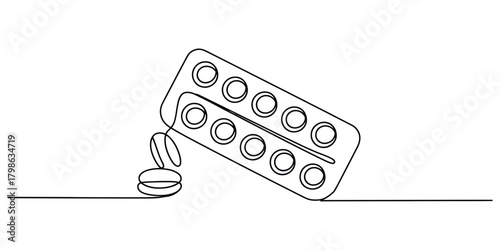 Continuous line art of pills and blister pack for healthcare