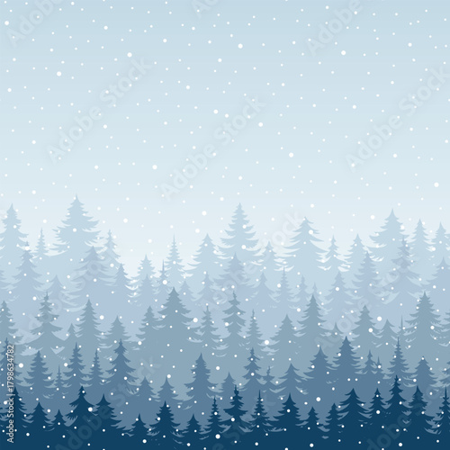 Winter coniferous forest, snowfall and blizzard, cartoon nature, space for text, seamless border, vector illustration