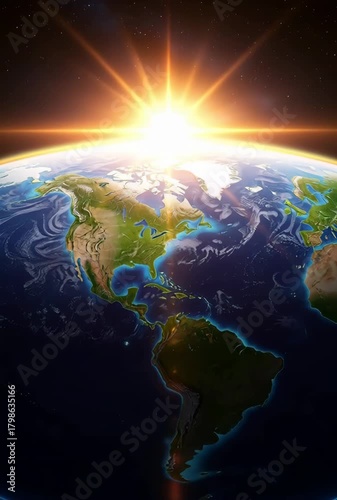 Earth sunrise over the americas with vibrant light, offering a spectacular view from space and time
