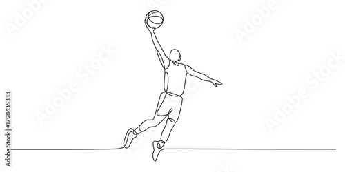 Minimalist one line drawing of a basketball player with a ball