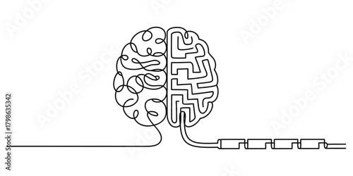 One continuous line drawing of a brain with maze and data flow