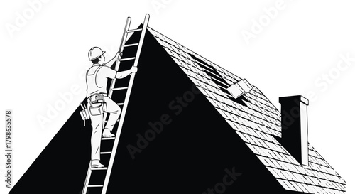 A construction worker climbs a ladder to repair a roof, illustrating home improvement and building maintenance with safety.