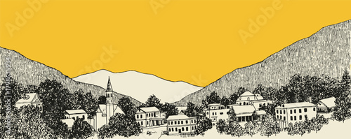 A drawing of a mountain with a small town below. The sky is yellow and the mountains are covered in snow