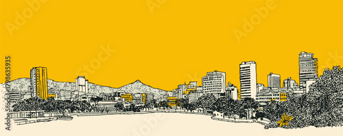 A cityscape with a yellow background and buildings in the foreground. The buildings are tall and the city appears to be bustling with activity