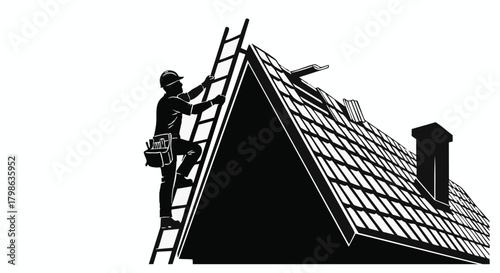 A silhouette depicts a construction worker climbing a ladder to repair a roof, symbolizing home improvement and building maintenance.
