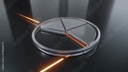 A sleek, three-segment glass pie chart illuminated by light beams, representing data-driven business insights and financial analytics