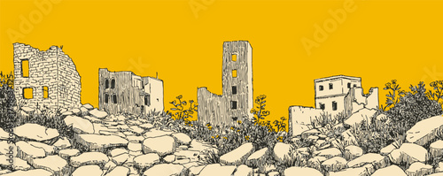 A cityscape with a yellow background and buildings in the foreground. The buildings are old and abandoned, giving the impression of a desolate