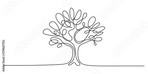 Minimalist one line art tree drawing, abstract nature symbol eco.
