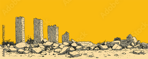 A yellow background with a cityscape in the foreground. The cityscape is made up of ruins and rubble