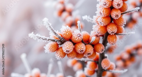 Closeup of frostcovered sea buckthorn berries on a branch, showcasing the vibrant orange color against a soft, blurred background