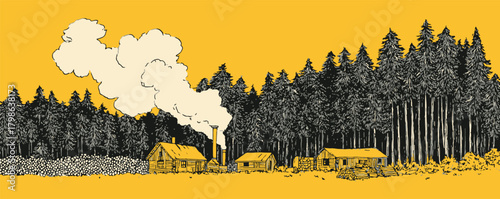 A yellow background with a forest and smoke coming out of a chimney. The houses are small and there are a few trees in the background