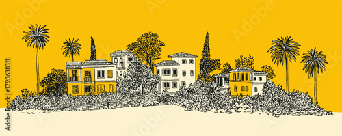 A drawing of a city with palm trees and houses. The houses are small and the palm trees are tall. The drawing has a warm and inviting mood