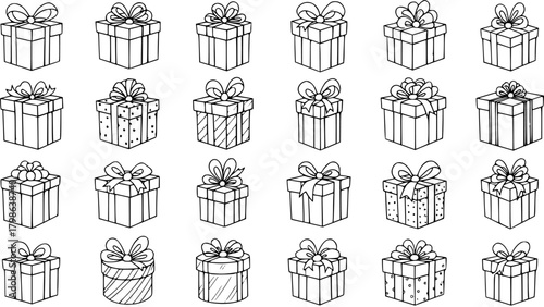 Hand-drawn Gift Boxes Collection with Bows. Set of Outline Doodle Style Present Illustrations for Celebrations, Holidays, and Birthdays. Black and White Vector Icons.