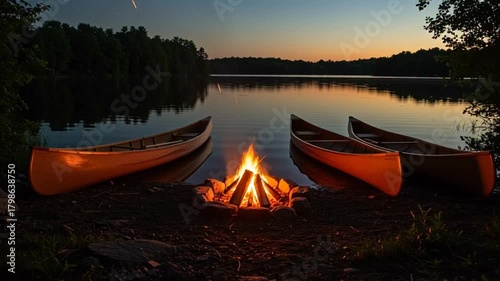 Campfire and Canoes at Dusk on a Tranquil Lake