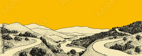 A yellow background with a mountain range in the distance. The mountains are covered in trees and the sky is a bright yellow