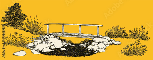 A bridge spans a small stream in a wooded area. The bridge is old and wooden, and the area is peaceful and serene