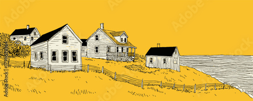 A yellow and white drawing of a small town with houses and a beach. Scene is peaceful and serene, with the houses