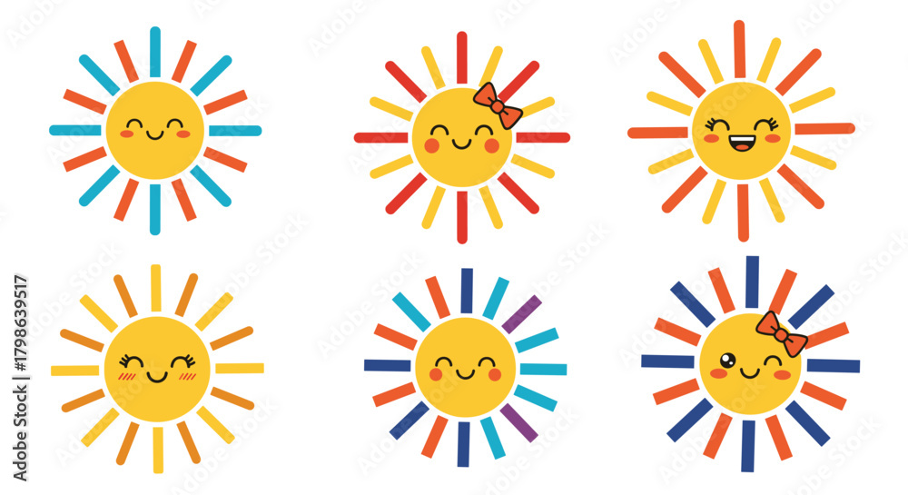Fototapeta premium A collection of cheerful cartoon suns with colorful rays.