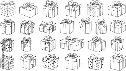 Hand-drawn collection of various gift boxes and presents with bows and ribbons, doodle style black and white outline illustrations.