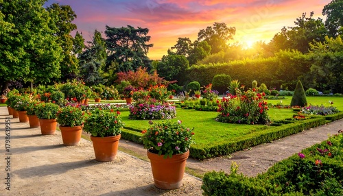Fototapeta Naklejka Na Ścianę i Meble -  A vibrant garden with symmetrical flowerbeds, pathways, and lush greenery under a sunset's warm glow