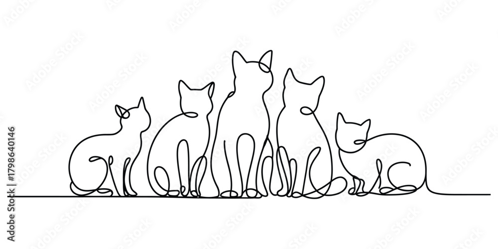 Fototapeta Modern continuous line art illustration of five domestic cats