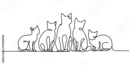 Modern continuous line art illustration of five domestic cats