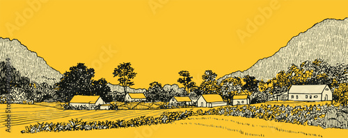 A yellow and orange landscape with a few houses and a barn. The houses are spread out and the barn is in the middle of the scene. The sky is clear
