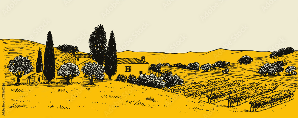 Fototapeta premium The image is a beautiful drawing of a countryside scene with a house and trees. The colors are bright and warm, giving the impression of a peaceful