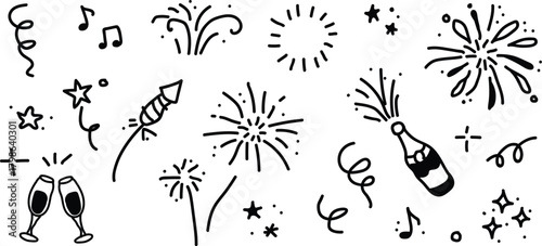 Line icon ray, confetti element set. Starburst line art with hand drawn glitter spark, pop icon shapes and surprise emphasis elements. Decorative sketch style for a sunshine ray vector illustration