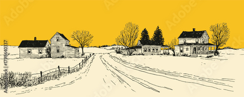 A yellow and white drawing of a rural road with houses on either side. The houses are small and appear to be old. The road is empty