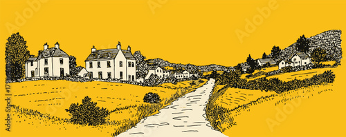 A yellow and black drawing of a rural area with houses and a road. The houses are small and white, and the road is narrow