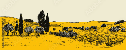 The image is a beautiful drawing of a countryside scene with a house and trees. The colors are bright and warm, giving the impression of a peaceful