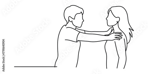 Man placing hands on woman's shoulders, outline illustration