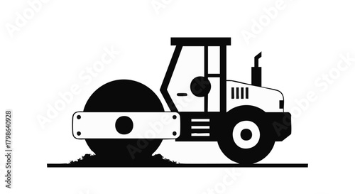 A black and white illustration of a road roller compacting soil, symbolizing construction and infrastructure development on a white background.