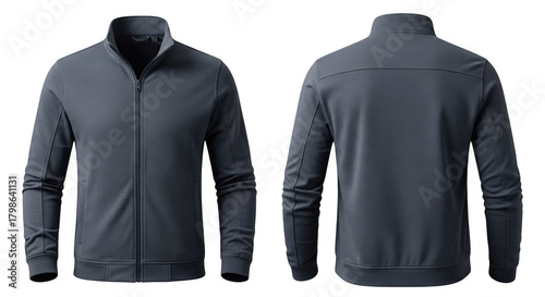 Mens dark grey fleece jacket mockup front and back view.