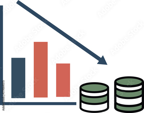 Decreasing bar chart, downward arrow, and stacked coins illustrate financial loss, economic decline, or negative business trend, conveying sense of concern or caution