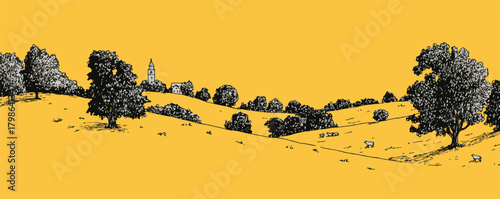 A yellow background with a tree and a house in the foreground. The background is a field with trees and a house