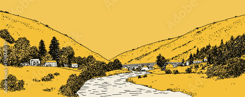 A yellow and orange landscape with a river running through it. The scene is peaceful and serene, with a few houses scattered along the riverbank