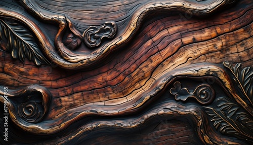 Fototapeta Naklejka Na Ścianę i Meble -  Illustration of ornate wood grain pattern with carved flourishes, 3D style.