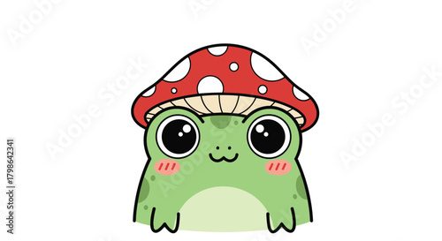 An adorable little frog wearing a whimsical mushroom hat looking very happy and cute.