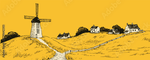 A windmill is in the foreground of a yellow background with houses in the distance
