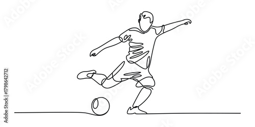 Continuous line drawing of a soccer player kicking a football