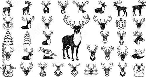 Hand Drawn Sketch Set of Various Deer and Stag Designs, Including Full Body, Busts, and Heads with Antlers, Perfect for Hunting, Nature, and Christmas Themes