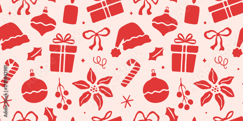 Christmas abstract seamless pattern with gifts, Christmas tree decorations, and plants