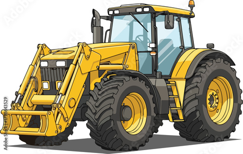 Vector Illustration of a Yellow Modern Farm Tractor with Front Loader Isolated on White Background
