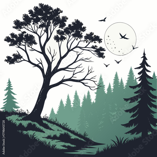 A captivating nature scene illustration features a solitary tree standing tall against a backdrop of lush forest, with birds soaring across the moonlit sky, creating a peaceful ambiance