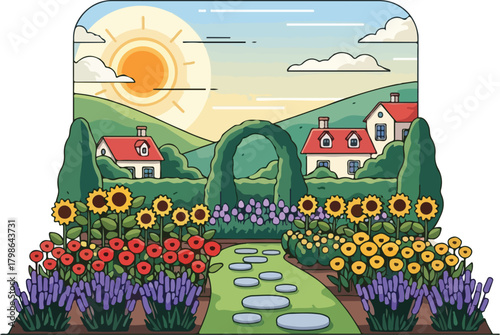 Charming Country Garden Path Leading to Idyllic Farmhouses Under Bright Summer Sun