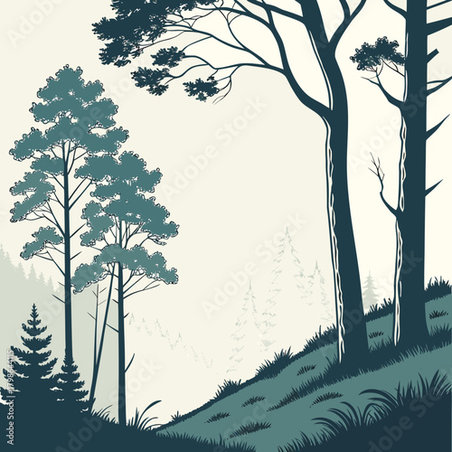 Silhouette of a forest landscape featuring various trees, including pine and coniferous species, creating a peaceful and natural scene isolated on