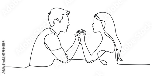 Continuous line artwork of couple holding hands, loving bond.