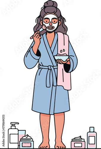 Woman Applying Facial Clay Mask at Home for Self Care and Skincare Routine Illustration
